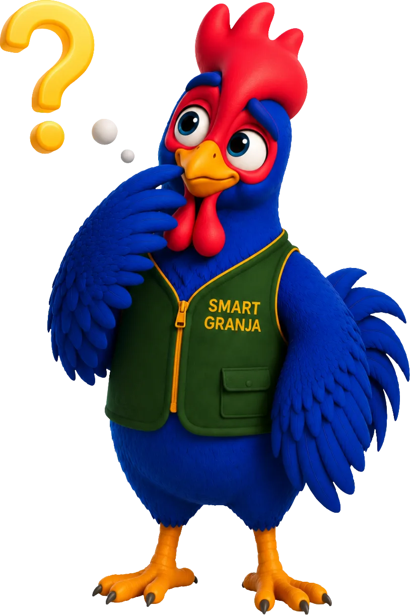 Mascota de Smart Granja pensando junto a un signo de interrogación